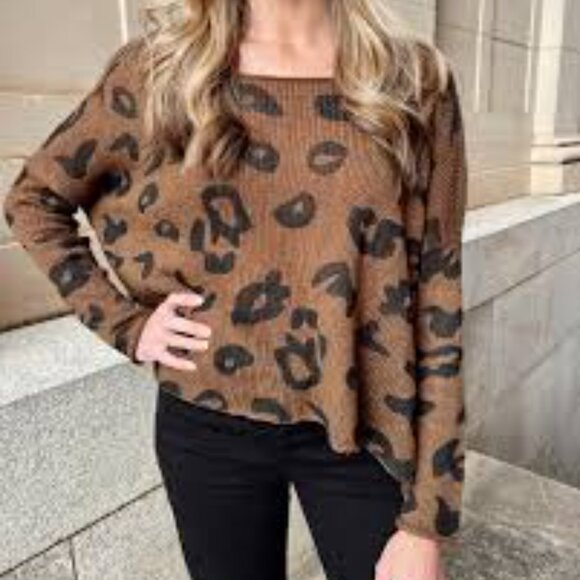 WOODEN SHIPS M/L Brown Cheetah Print Mohair Wool Sweater Pullover Scoop - Picture 1 of 8